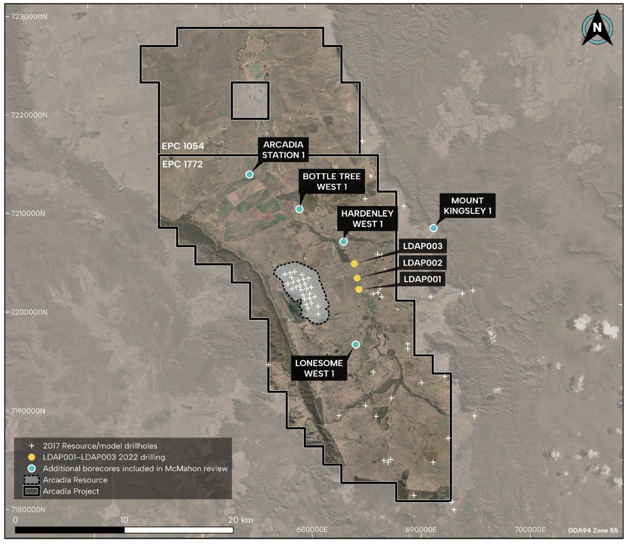 Image: Arcadia Coal Project showing drilling incorporated into the 2017 geological model, additional historical CSG wells incorporated into the current technical review and three 2022 coal-exploration holes.
